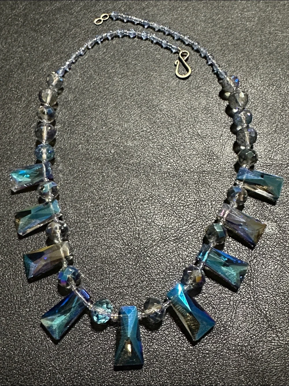 1950’s Art Glass AB Peacock Blue Fringe Necklace